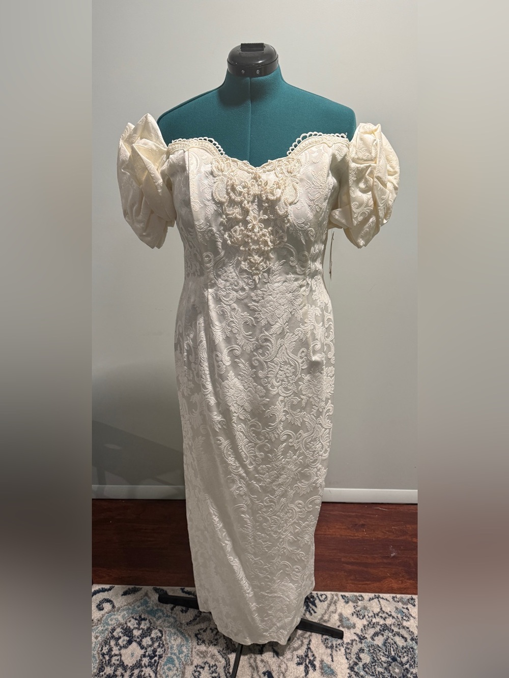 NWT Vintage Jessica McClintock Ivory Off Shoulder Beaded Sweetheart Puff Sleeve